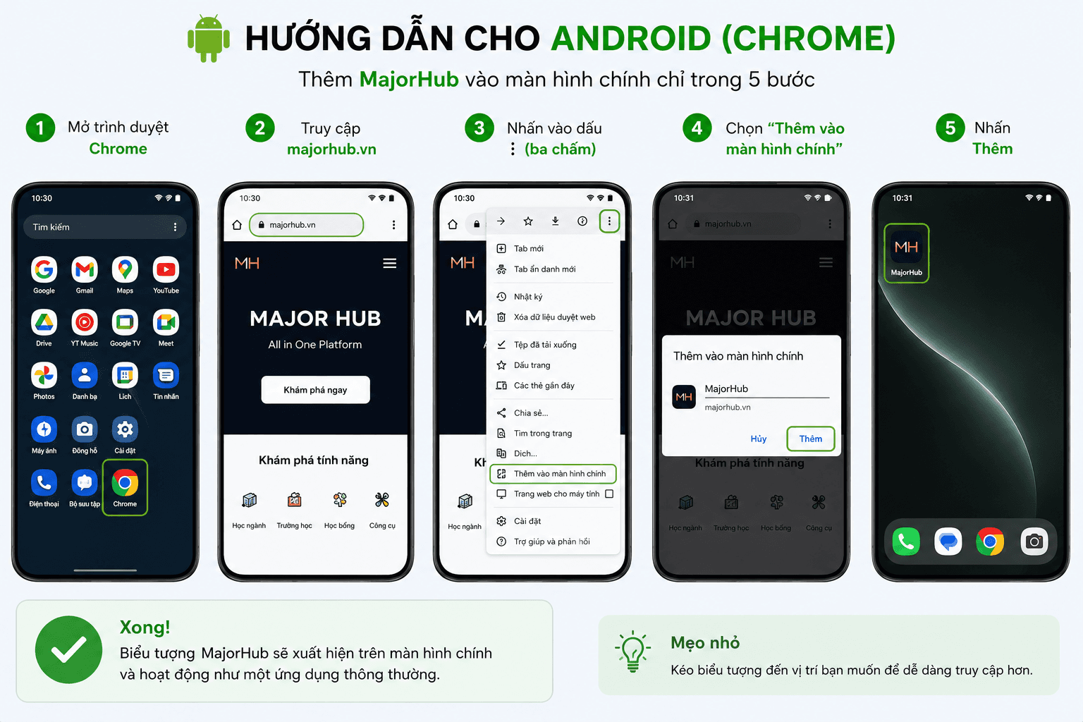 Hướng dẫn thêm MajorHub vào màn hình chính trên điện thoại Android bằng Google Chrome.