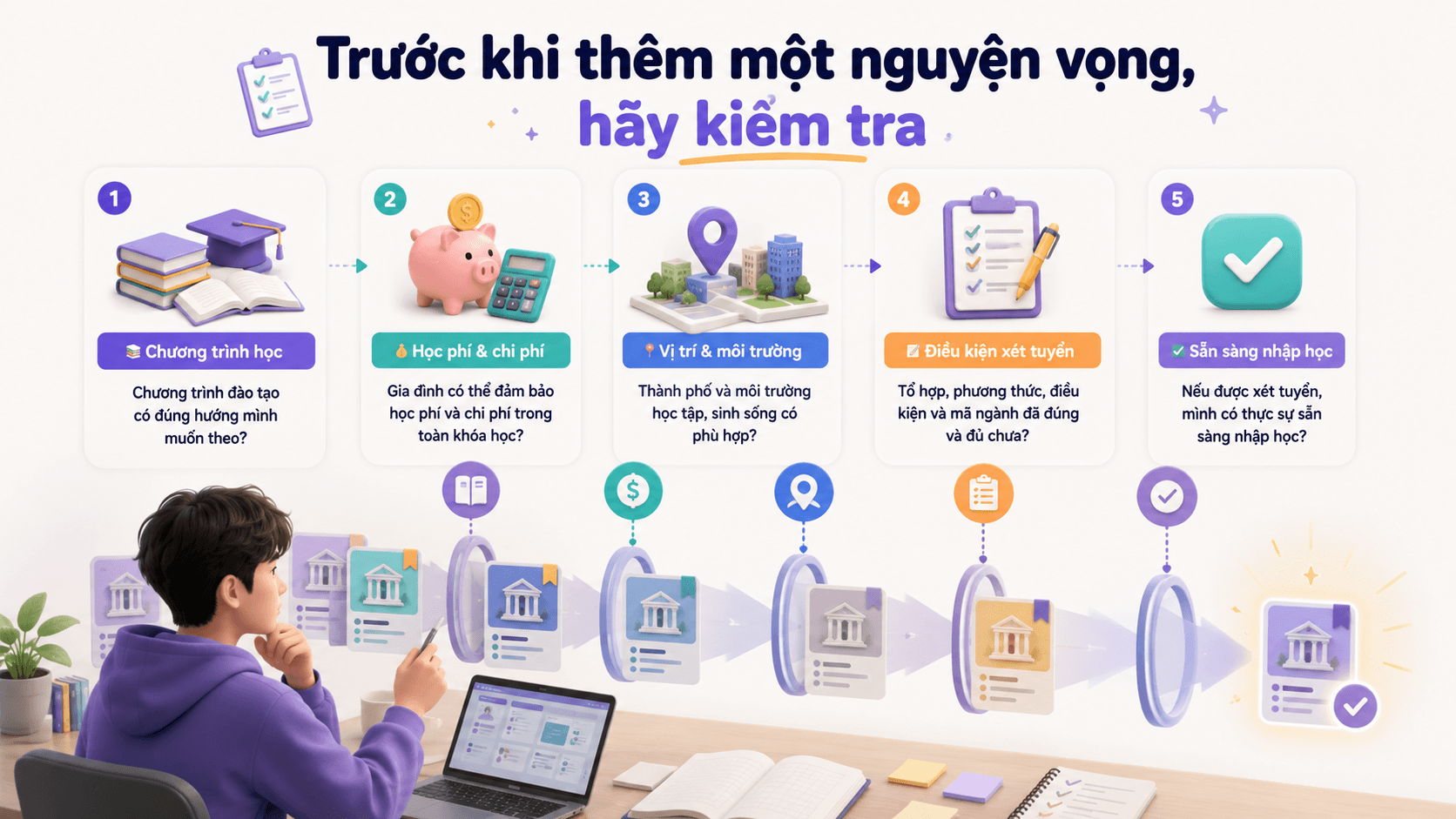 Năm tiêu chí lọc trường và chương trình trước khi đưa vào danh sách nguyện vọng.