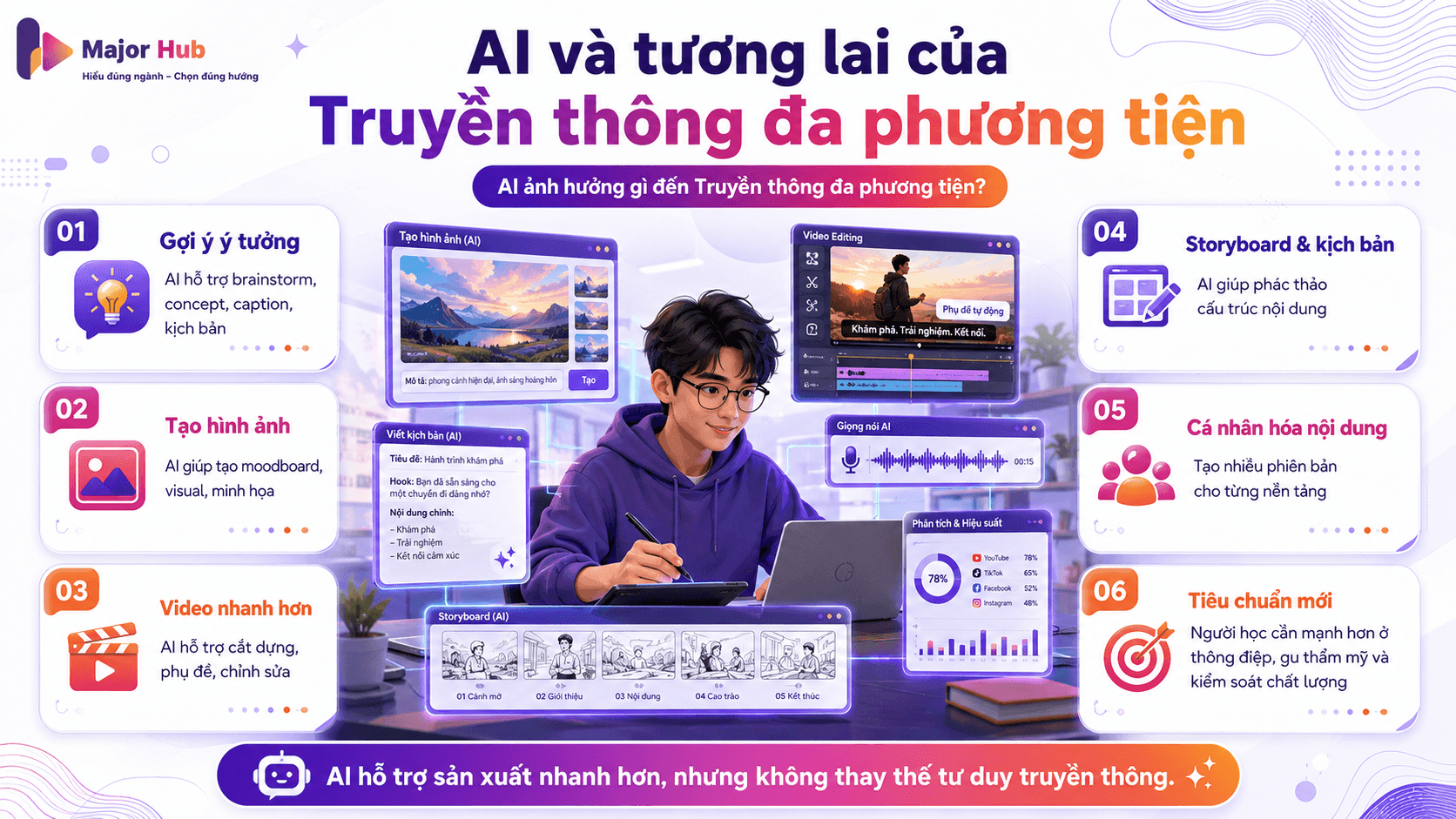 Minh họa AI ảnh hưởng đến ngành Truyền thông đa phương tiện qua ý tưởng, hình ảnh, video, phụ đề, storyboard và sản xuất nội dung số