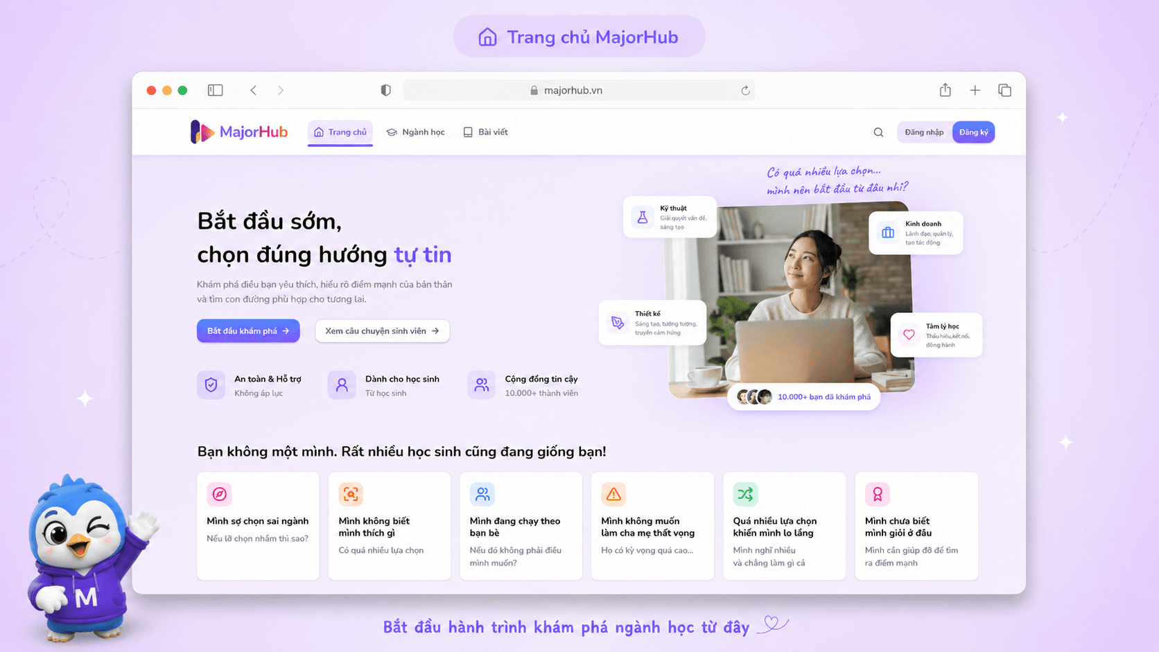 Giao diện trang chủ MajorHub giúp học sinh bắt đầu khám phá ngành học, xem các lựa chọn và đi vào hành trình chọn ngành rõ ràng hơn.