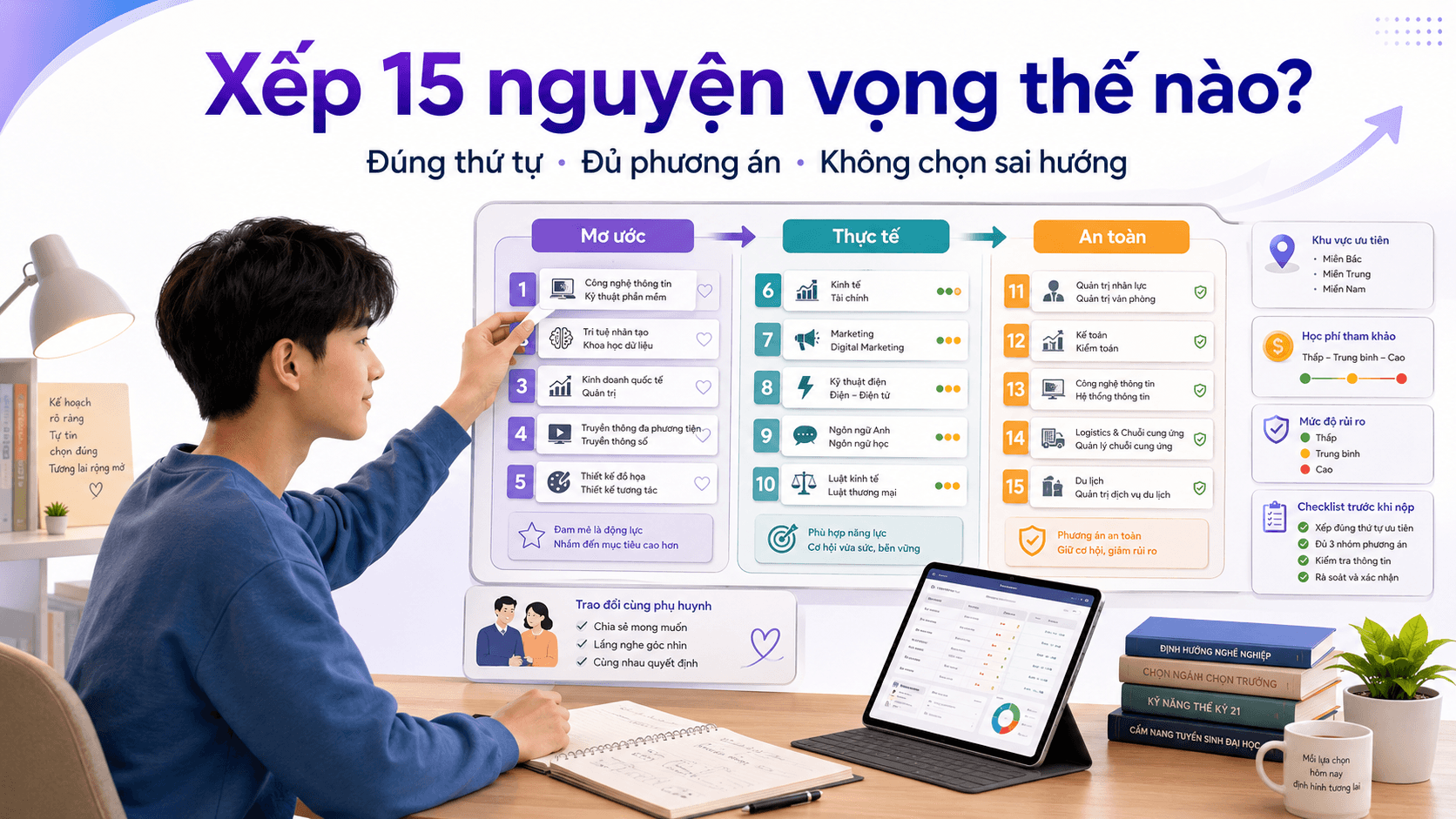 Học sinh xây dựng danh sách nguyện vọng gồm lựa chọn mơ ước, thực tế và an toàn.