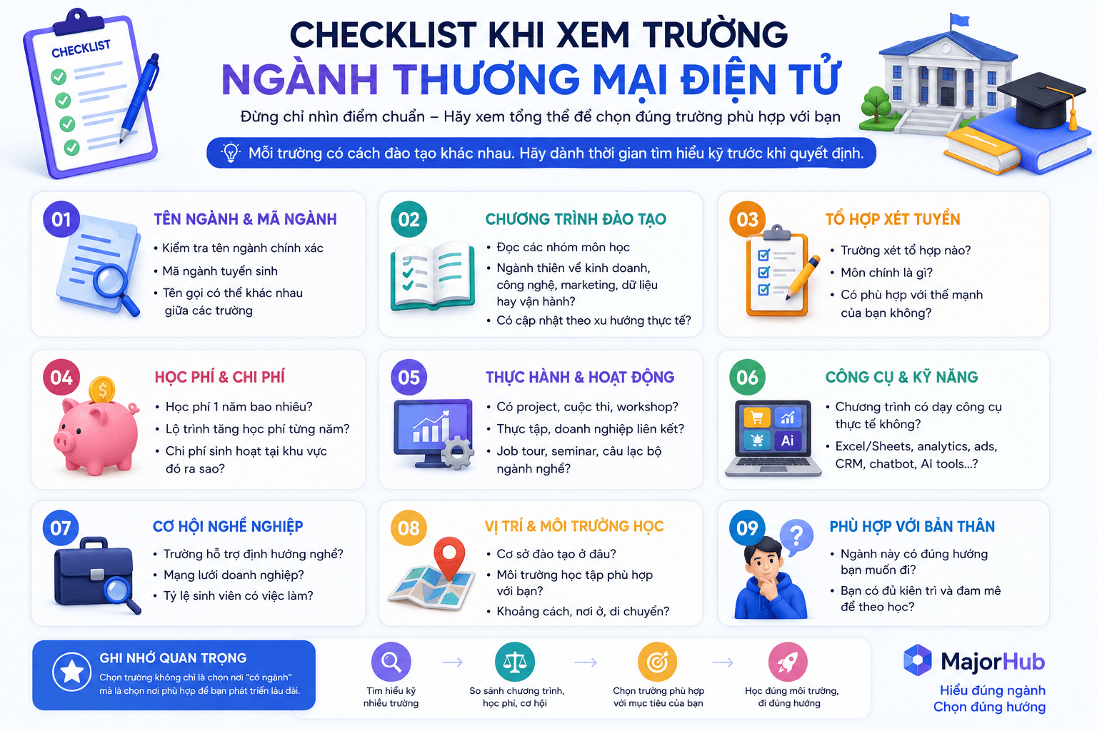 Checklist giúp học sinh và phụ huynh xem trường ngành Thương mại điện tử qua chương trình học, công cụ, thực hành, học phí và mức độ phù hợp