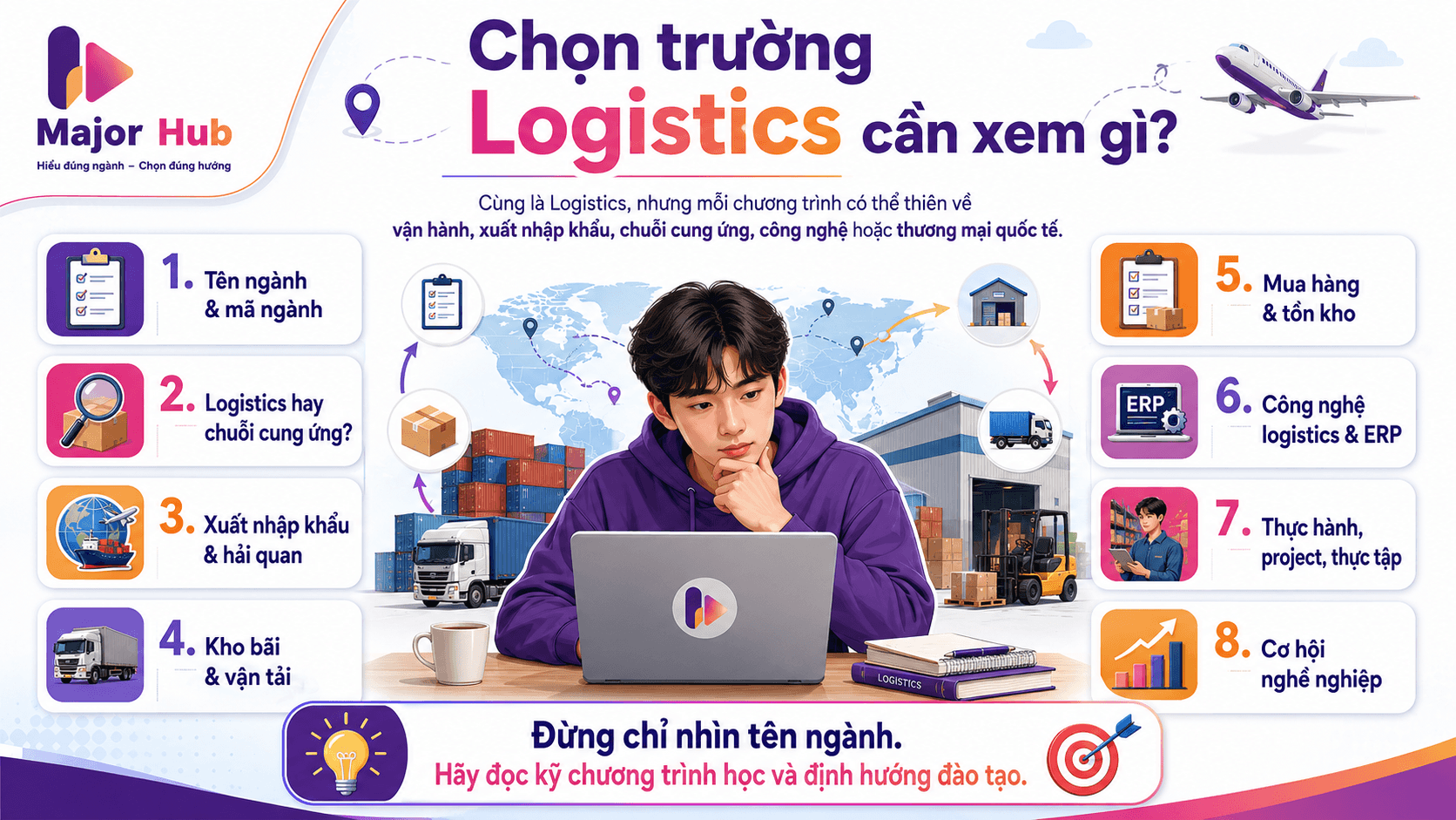 Infographic hướng dẫn chọn trường ngành Logistics dựa trên tên ngành, mã ngành, định hướng đào tạo, môn học, thực hành và cơ hội nghề nghiệp
