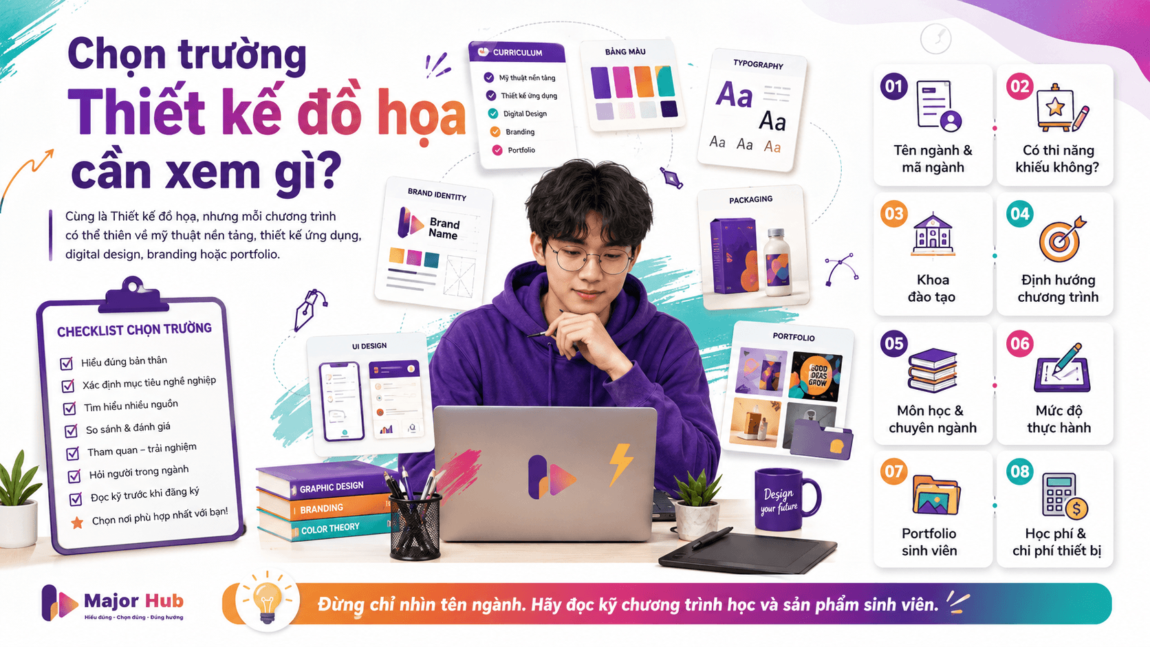 Infographic hướng dẫn chọn trường ngành Thiết kế đồ họa dựa trên định hướng mỹ thuật, thiết kế ứng dụng, digital design, portfolio và năng khiếu