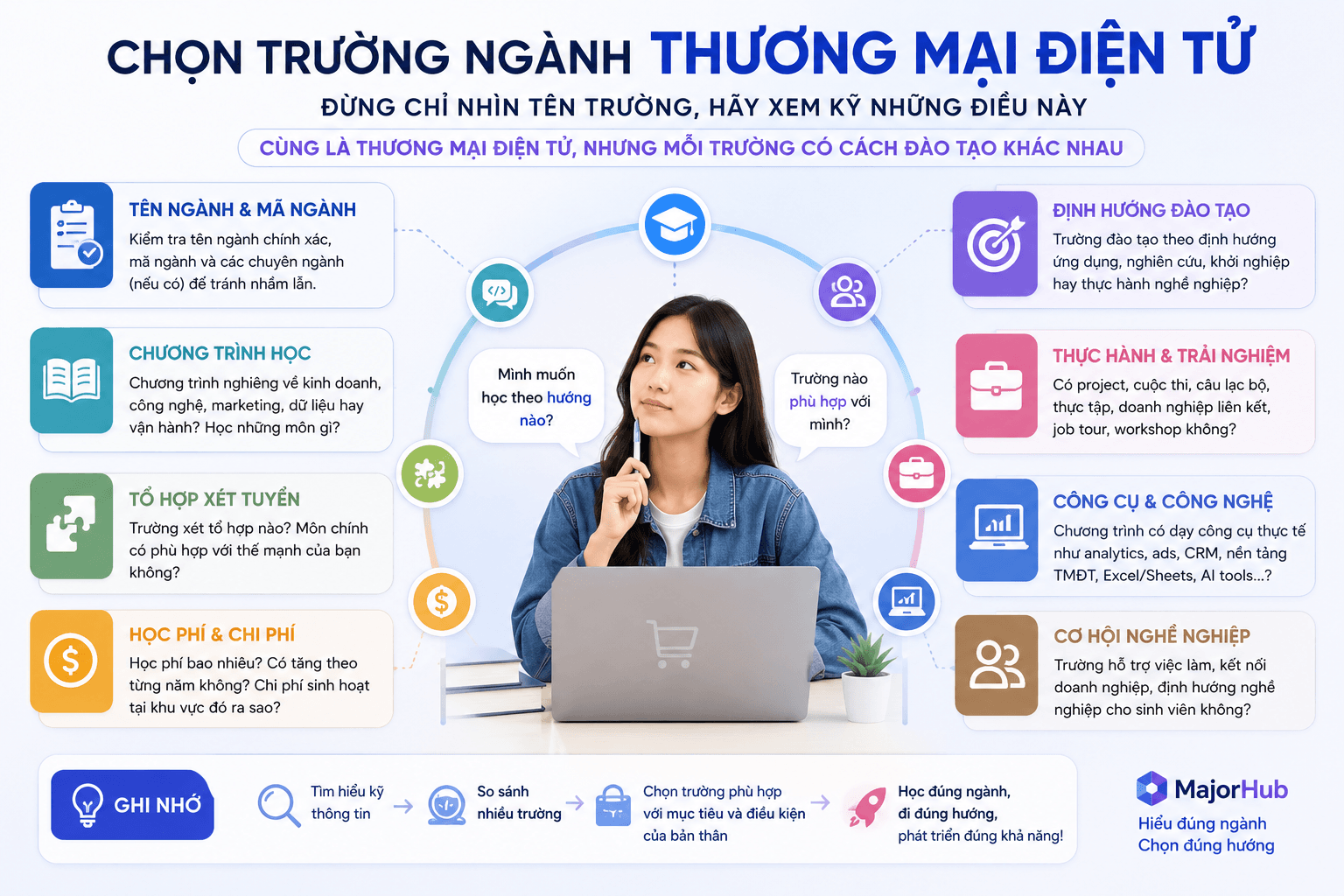 Infographic giải thích khi chọn trường ngành Thương mại điện tử cần xem chương trình học, mã ngành, tổ hợp xét tuyển, học phí và định hướng đào tạo