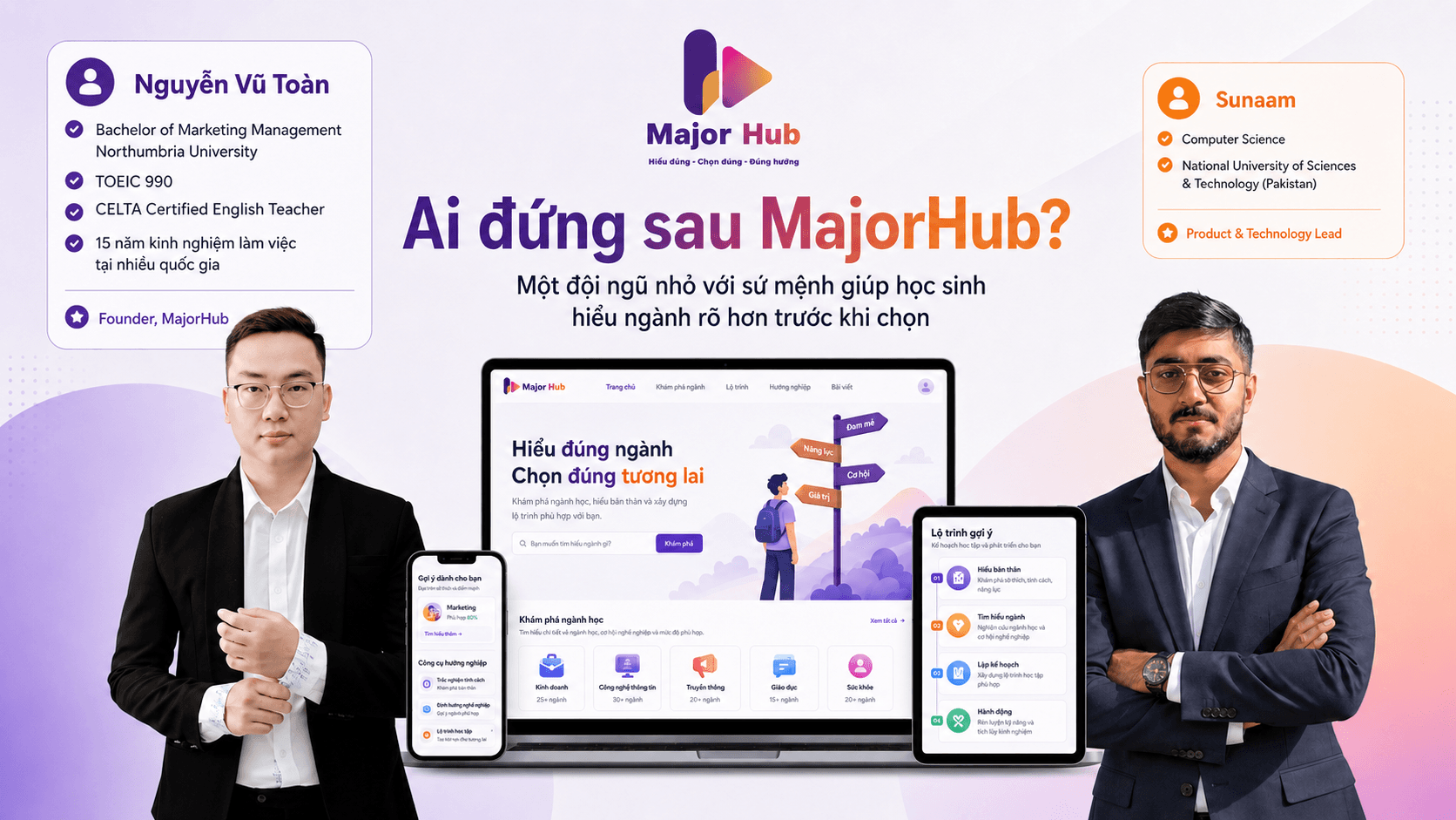 Hình ảnh đội ngũ sáng lập MajorHub gồm người phụ trách nội dung và người phụ trách sản phẩm công nghệ