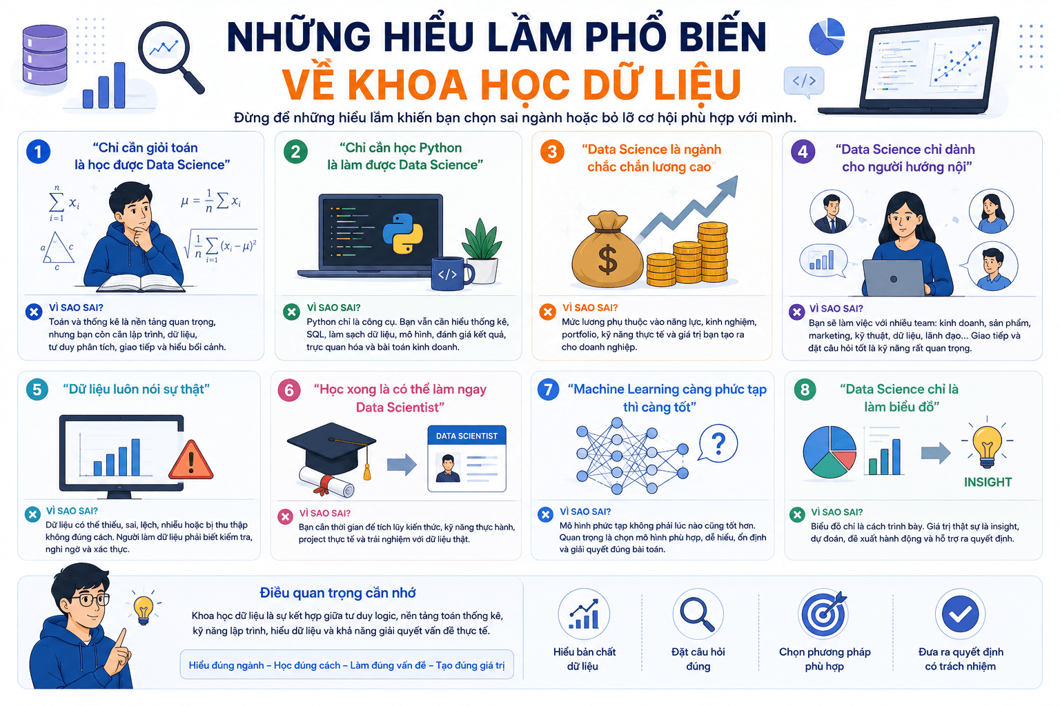 Minh họa các hiểu lầm phổ biến về Khoa học dữ liệu như chỉ cần giỏi toán, chỉ cần biết Python hoặc học xong chắc chắn lương cao