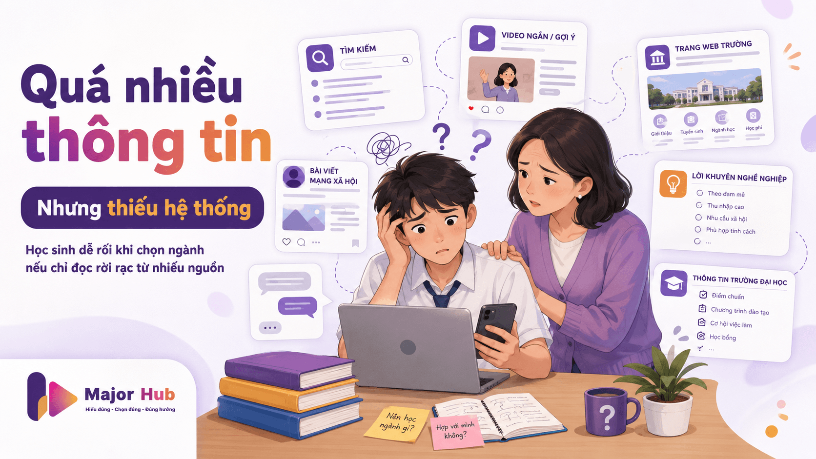 Minh họa học sinh và phụ huynh bị quá tải thông tin khi tìm hiểu ngành học, trường học và hướng đi tương la