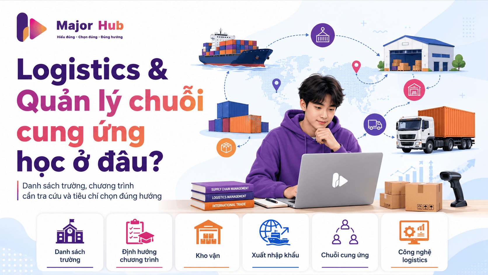 Minh họa học sinh tìm hiểu ngành Logistics và Quản lý chuỗi cung ứng học ở đâu và cách chọn chương trình phù hợp