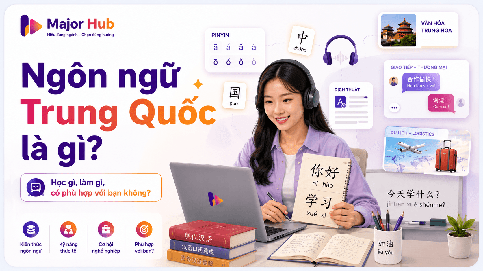Thumbnail bài viết ngành Ngôn ngữ Trung Quốc là gì, giúp học sinh hiểu ngành học, kỹ năng và hướng nghề