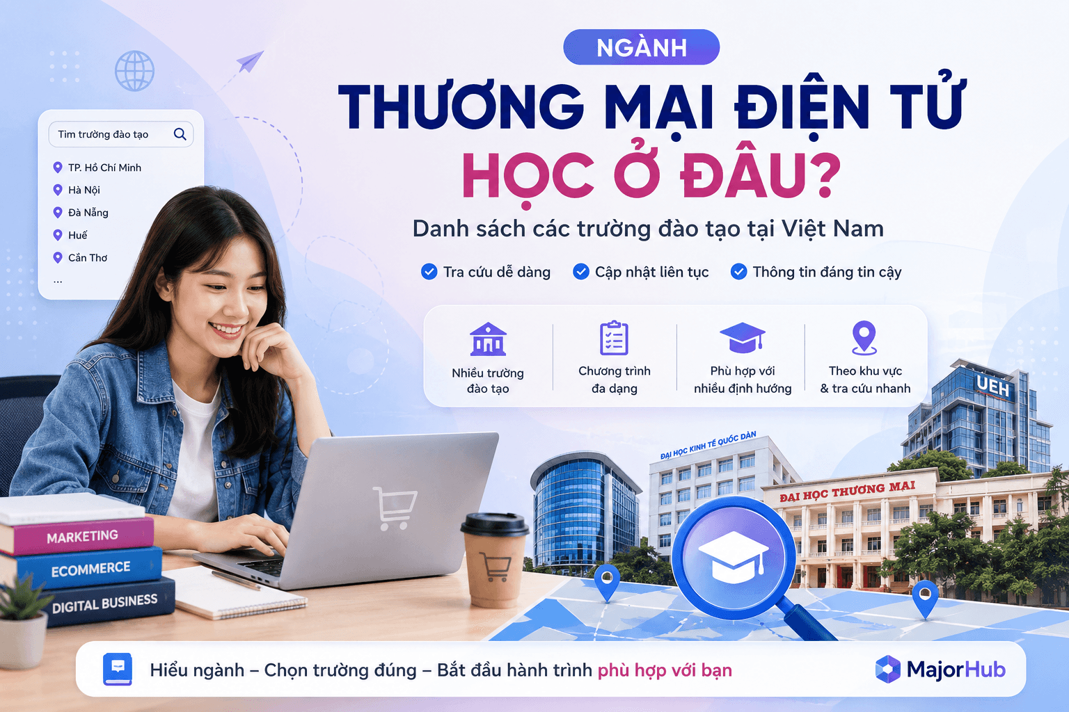 Minh họa học sinh tìm hiểu ngành Thương mại điện tử học ở đâu và tra cứu các trường đào tạo tại Việt Nam