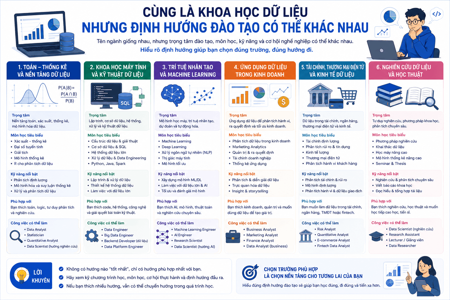 Infographic so sánh các định hướng đào tạo ngành Khoa học dữ liệu như toán thống kê, khoa học máy tính, AI, dữ liệu ứng dụng, tài chính và kinh doanh