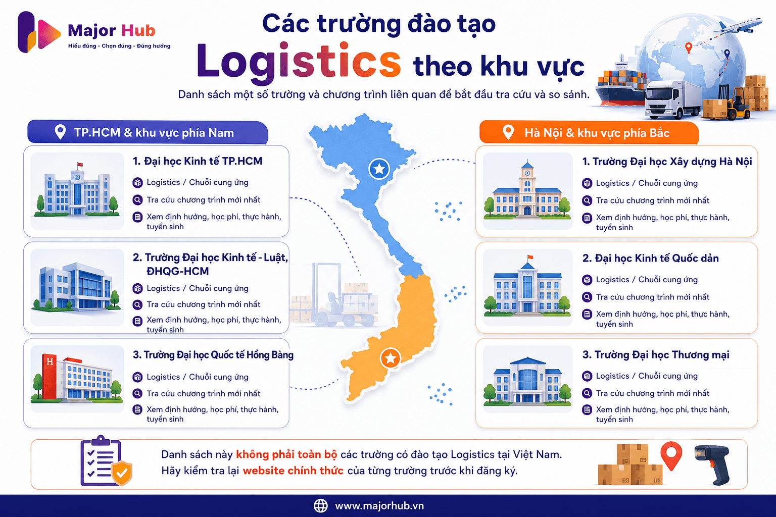 Infographic một số trường và chương trình đào tạo Logistics theo khu vực như TP.HCM và Hà Nội để học sinh bắt đầu tra cứu
