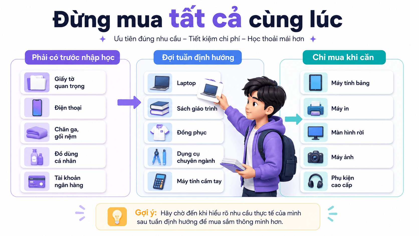 Ba nhóm đồ dùng gồm phải mua trước nhập học, nên đợi tuần định hướng và chỉ mua khi phát sinh nhu cầu.