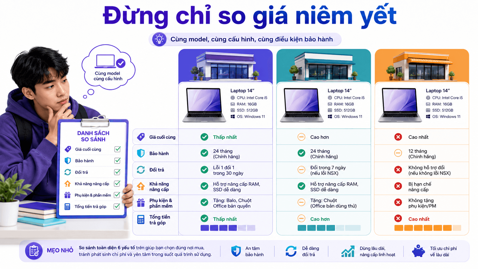 Checklist giúp sinh viên so sánh giá, bảo hành, đổi trả và tổng chi phí khi mua laptop.