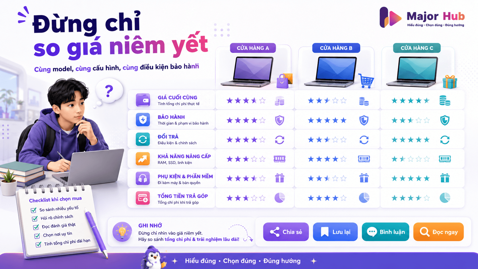 Infographic hướng dẫn ưu tiên cấu hình laptop theo các nhóm ngành học khác nhau.
