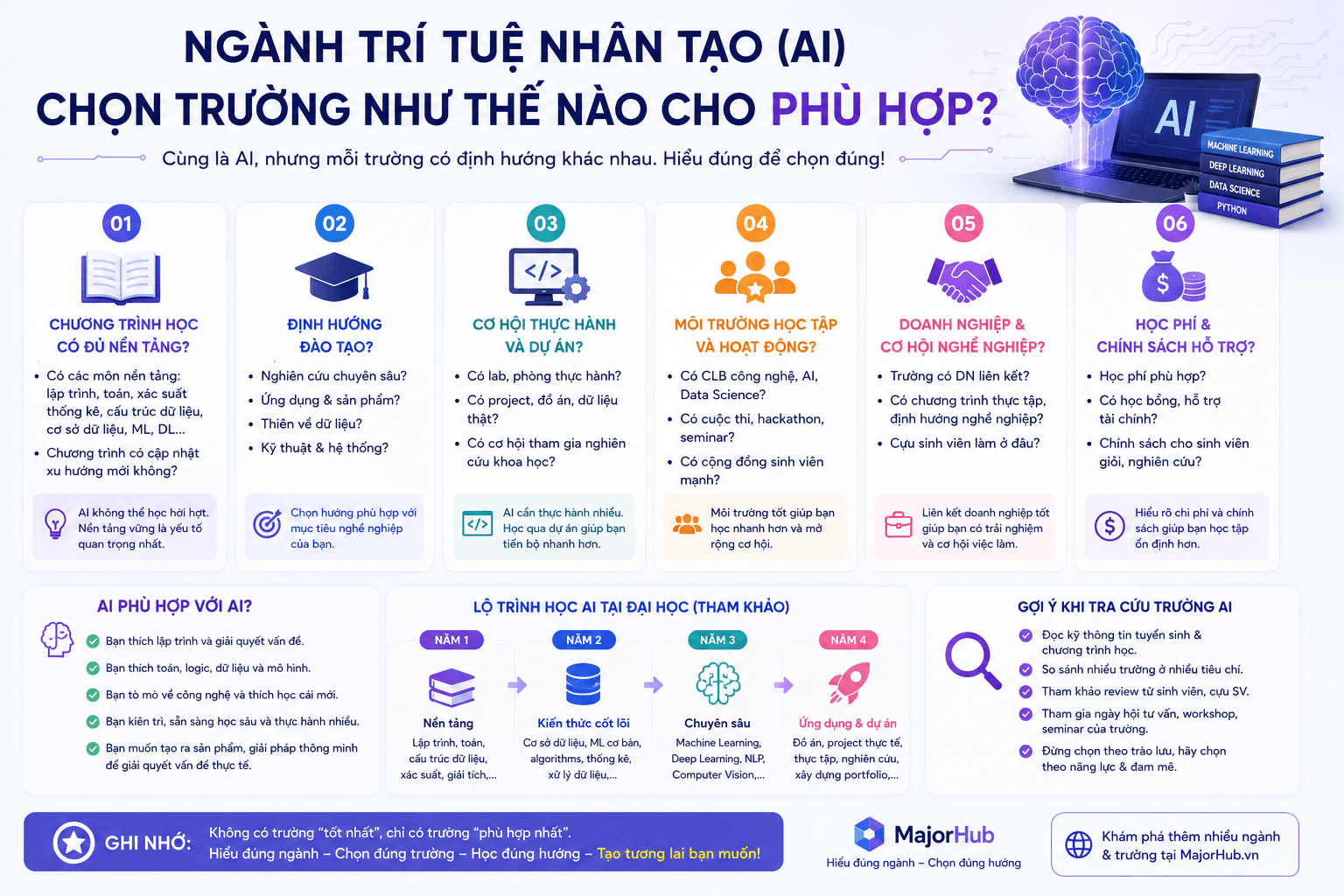 Checklist hướng dẫn học sinh chọn trường ngành Trí tuệ nhân tạo dựa trên chương trình học, định hướng đào tạo, cơ hội thực hành, môi trường học và học phí