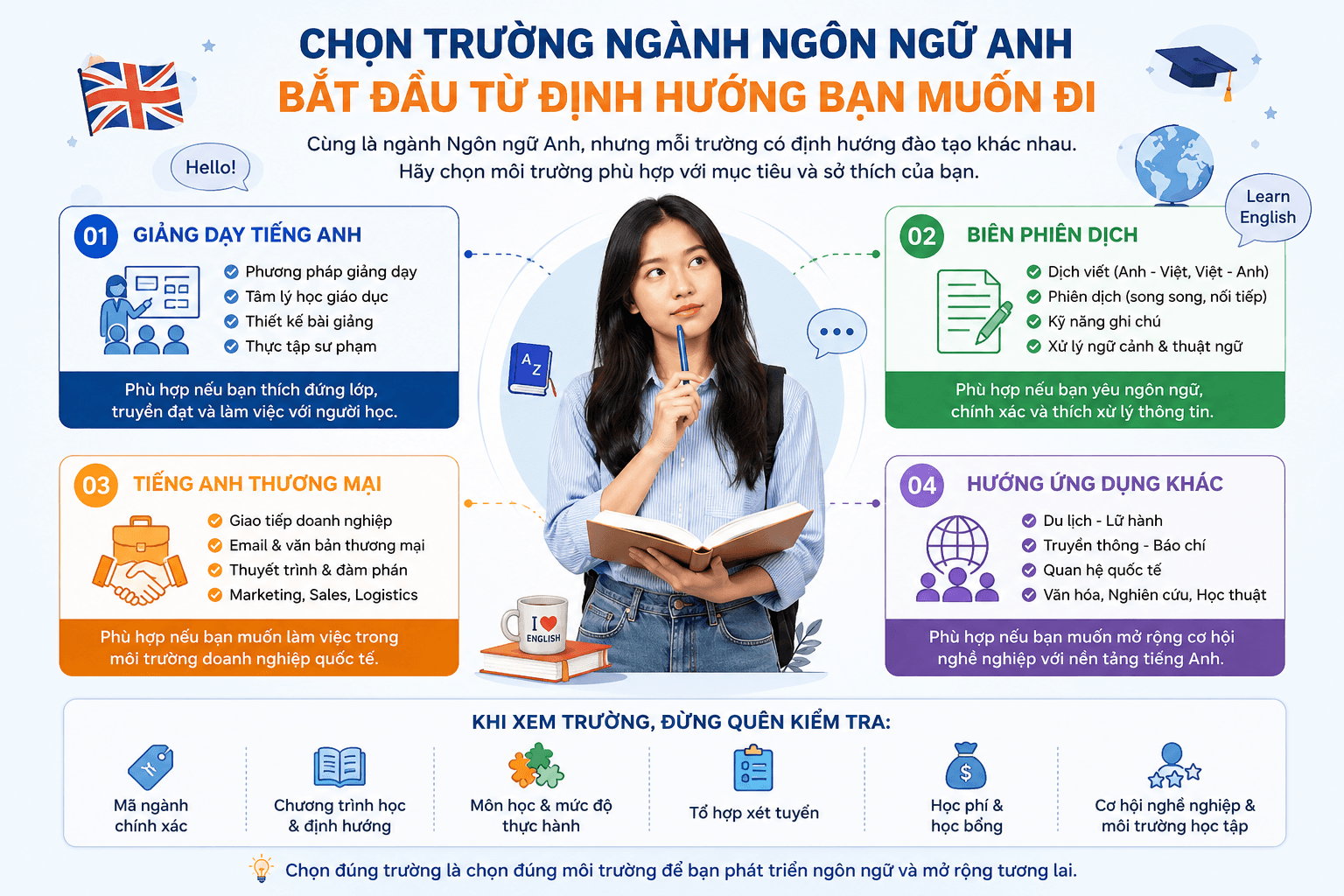 Infographic hướng dẫn chọn trường ngành Ngôn ngữ Anh dựa trên định hướng giảng dạy, biên phiên dịch, tiếng Anh thương mại và môi trường học tập