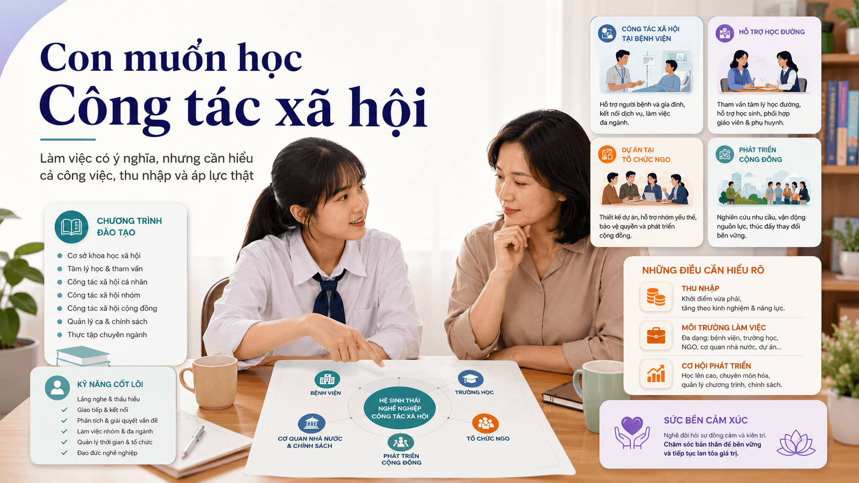 Học sinh và phụ huynh cùng tìm hiểu công việc, cơ hội và áp lực của ngành Công tác xã hội.