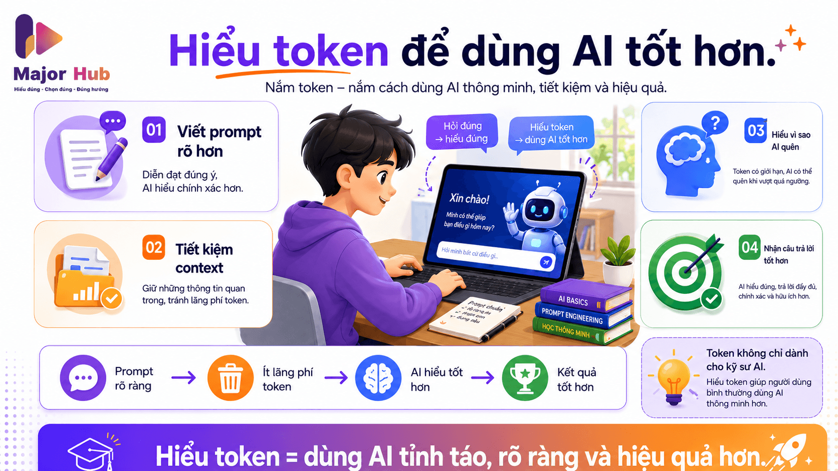 Minh họa việc hiểu token giúp học sinh và sinh viên viết prompt rõ hơn, tiết kiệm context và dùng AI hiệu quả hơn