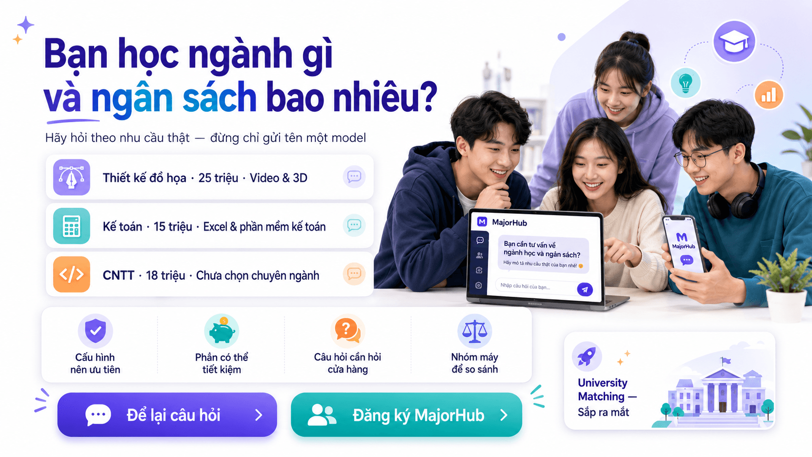 Sinh viên đặt câu hỏi cho MajorHub về laptop phù hợp với ngành học và ngân sách.