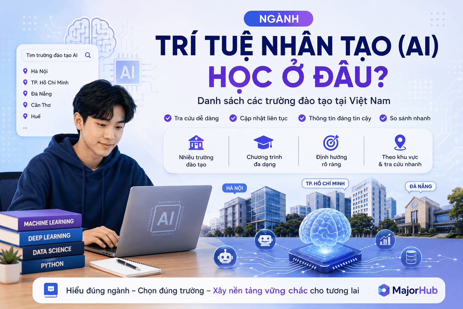 Minh họa học sinh tìm hiểu ngành Trí tuệ nhân tạo học ở đâu và tra cứu các trường đào tạo AI tại Việt Nam