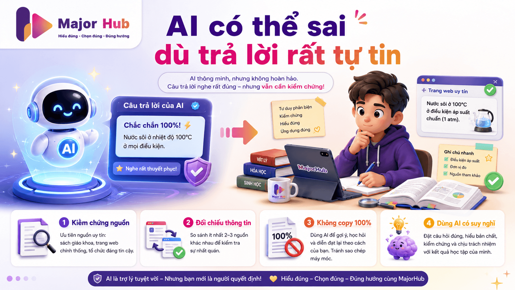 Minh họa AI có thể trả lời sai dù rất tự tin và người dùng cần kiểm chứng nguồn thông tin