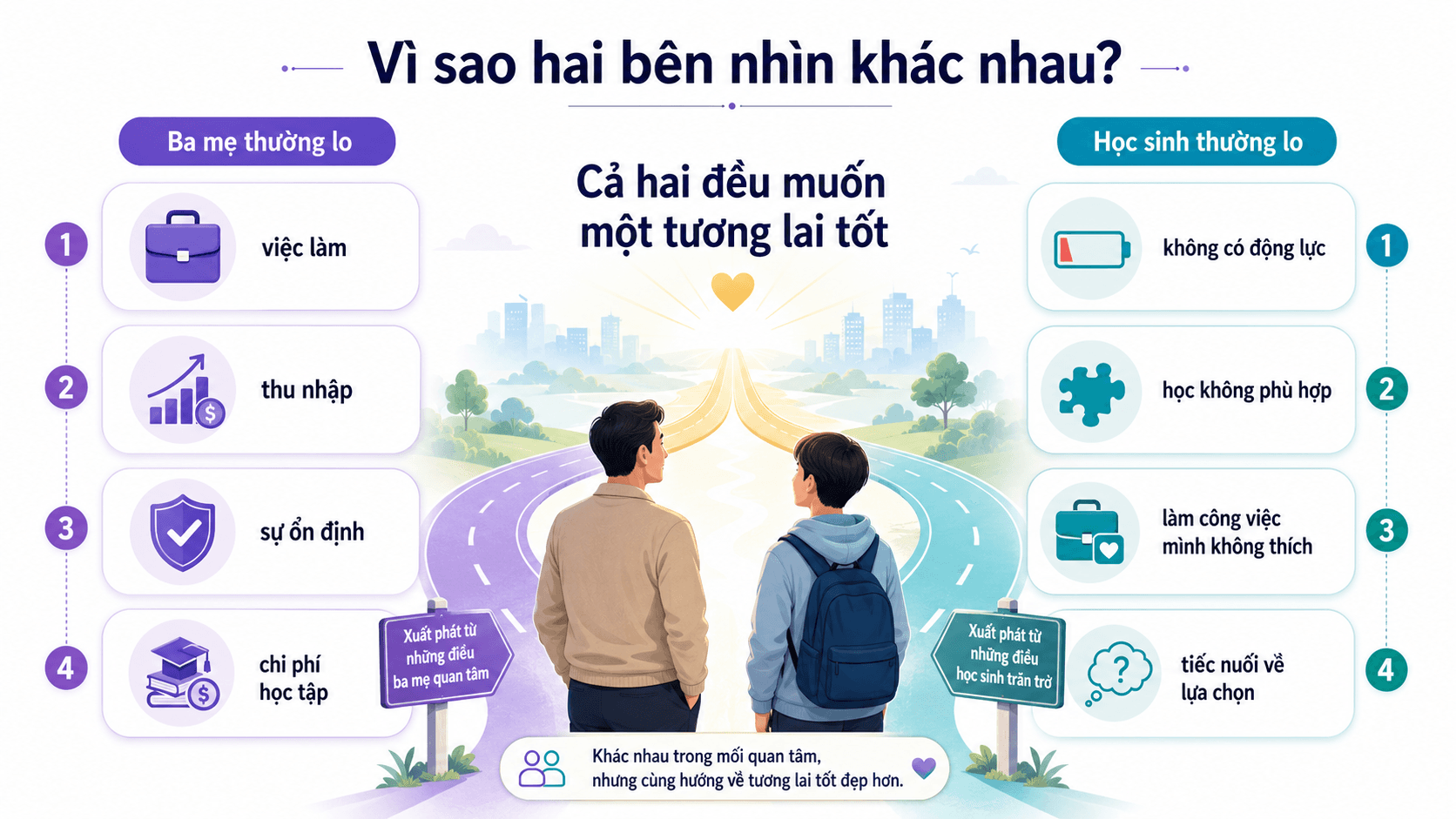 Infographic giải thích vì sao phụ huynh và học sinh thường bất đồng khi chọn ngành.